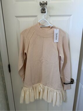 Yeokou Beige Ruffle Hem Turtleneck Long Sweater